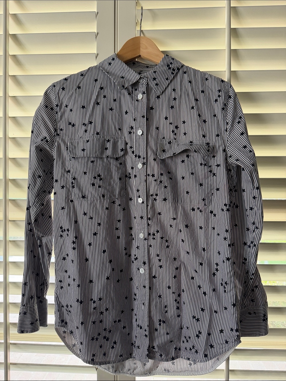 Equipment Women’s Navy and White Striped Button-Up Shirt with Micro Star Print